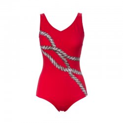 Baddräkt dam Santorini som är röd med mönster från Trofé. Fina badkläder från Trofé året om med snabba leveranser.