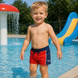 Litet barn i röd- och blå badshorts leker i en barnpool utomhus