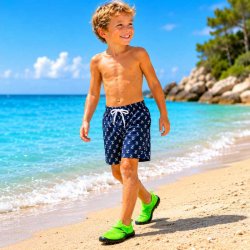 Marinblå badbyxor för barn med vita ankare från Swim wear 5000.