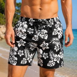 Svarta herrbadshorts i modellen Jamaica med vita detaljer, resår och snörning i midjan samt en sidoficka.