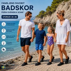 Badskor Soak Basic svart med halksäker sula och dragsko för strand, klippor, bryggor och pool