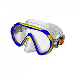Cyklop till barn blå/gul från Aqua pro. Silikon mask med plast lins. Passar bra till badhus och hemma pooler.