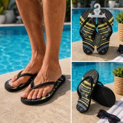 Mönstrade flipflops för herr från Antonio i grått, gult och svart med svarta remmar.