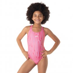 Rös/rosa baddräkt med ränder från Aquarapid. Baddräkt till simskolan från aquarapid.