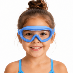 Simmask för barn 3-8 år. Ljusblå färg med böjd lins och snabbjustering på bandet.