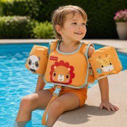 Simväst till barn 1-3 år med armpuffar. Signalfärg orange/gul för att barnet skall synas.