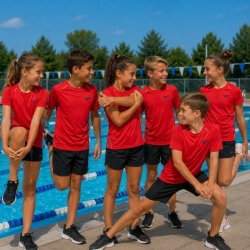 Sex barn och juniorer värmer upp i röda Speedo Veeti T-shirts vid en utomhuspool