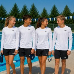 Fyra barn i vita Speedo långärmade funktionströjor vid en utomhuspool