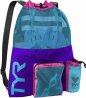 Lila och turkos TYR Big Mummy Backpack nätväska. Praktisk ryggsäck i meshtyg för god luftgenomströmning och förvaring.