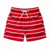Randiga badshorts för barn i rött med elastisk midja, snöre och Oceanside-tryck.