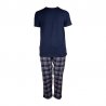 Herrpyjamas i bomull med marinblå t-shirt och rutiga pyjamasbyxor