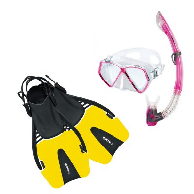 SNORKELPAKET JUNIOR PIRATE ROSA MED CORAL GULA SNORKELFENOR MARES