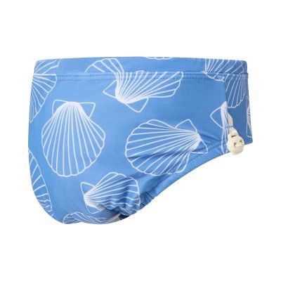 Blå babybadbyxa med snäckor. Fin badblöja som kan användas flera gånger.
