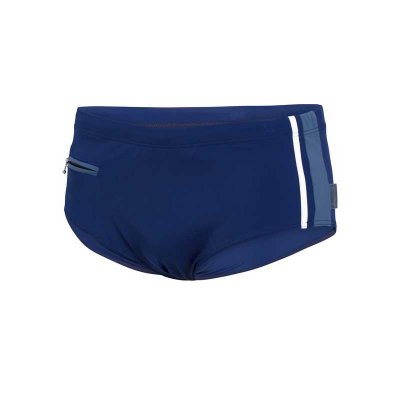 Badbyxor mer ficka som har dragkedja. Blåa badbyxor till herr med ficka.