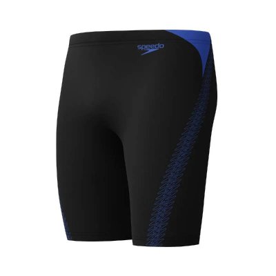 Knälånga klortåliga badbyxor från Speedo i svart och blått med snöre i midjan och bekväm passform för herr.