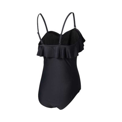 Svart baddräkt till dam med avtagbara band och volang över bysten.