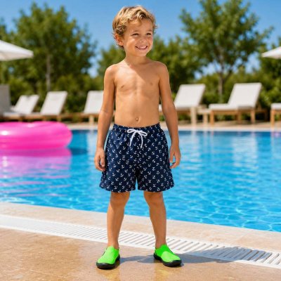 Marinblå badshorts för mindre barn med vita ankare, vit snörning och resår i midjan.