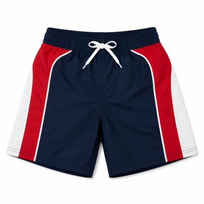 Badshorts barn marin/röda/vita med knyt, billiga badshorts till stranden, sommaren. Simbutiken.se