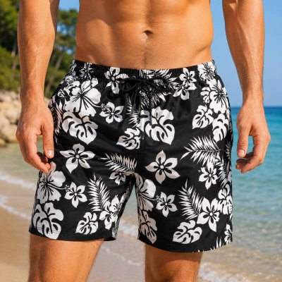 Svarta herrbadshorts i modellen Jamaica med vita detaljer, resår och snörning i midjan samt en sidoficka.