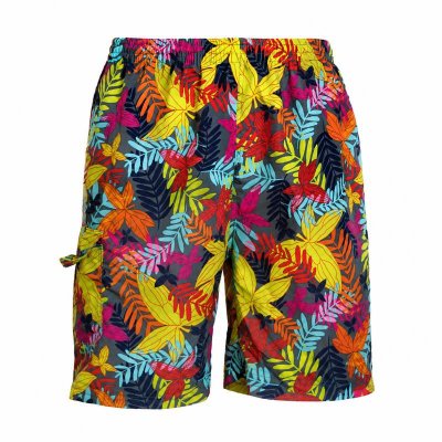 Mönstrade badshorts för herr med snöre, resår och praktiska fickor. Flerfärgad design som passar strand och badhus.