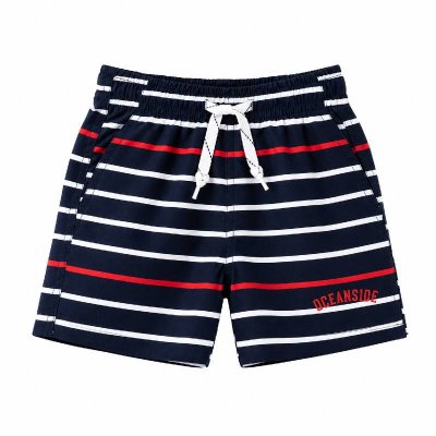 Marinblå badshorts för mindre barn med klassiska ränder och justerbart snöre i midjan