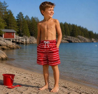 Röda randiga badshorts för barn med resårmidja och justerbart snöre.