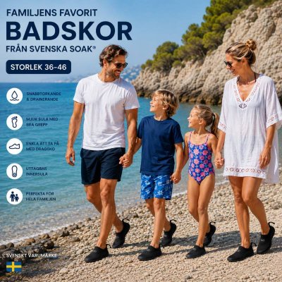 Badskor Soak Basic svart med halksäker sula och dragsko för strand, klippor, bryggor och pool