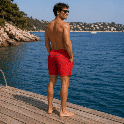 Badshorts röda herr. Snygga och klassiska med ankare.