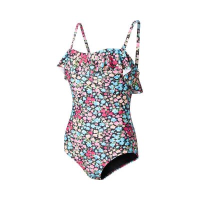 Baddräkt till dam med volanger och blommor. Baddräkt med avtagbara band och mönster.