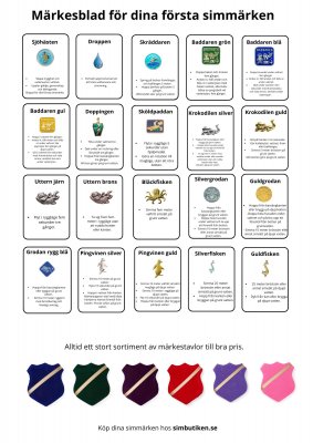 Simmärkesblad för dina första simmärken. Beställ simmärken hos simbutiken.