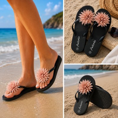 Sköna badtofflor och flipflops med rosa blomma, perfekt för stranden och sommarens bad.