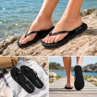 Svarta flipflops för dam vid strand och hav, bekväma strandsandaler med mjuk sula för badsemester och poolhäng.
