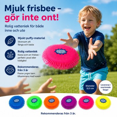Barn leker med mjuk frisbee i park – färgglad puffy disc som är skonsam att kasta och fånga