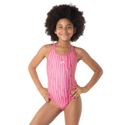 Rös/rosa baddräkt med ränder från Aquarapid. Baddräkt till simskolan från aquarapid.