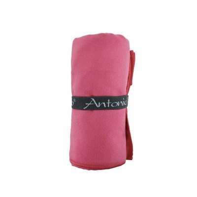 Rosa microfiber handduk som tar lite plats i väskan och torkar snabbt.