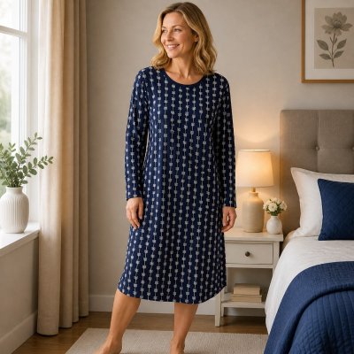 Nattlinne marin med mönster långa armar och långt. Mjukt och behagligt