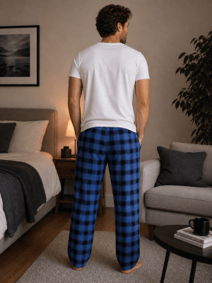 Billiga pyjamasbyxor i flanell till herr. Blå/svart rutiga snygg.