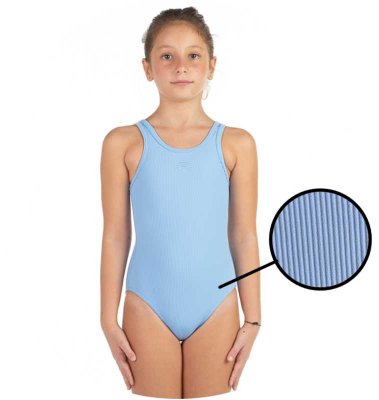Ljusblå baddräkt till barn i ribbat material. Snygg baddräkt med stängd rygg.