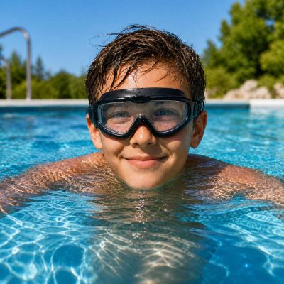 Barn simmar i pool med Soak Mino simmask som ger bred sikt och bekväm passform