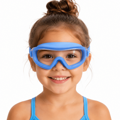 Simmask för barn 3-8 år. Ljusblå färg med böjd lins och snabbjustering på bandet.