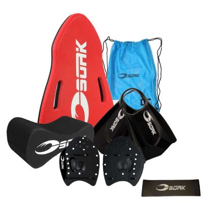 Simpaket med fenor, paddlar, domle, snodd, platta och nätpåse.