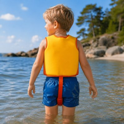Simväst barn gul/orange med signal färg så att din barn syns bra från Svenska varumärket Soak.