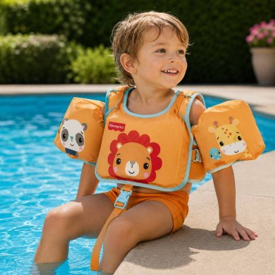 Simväst till barn 1-3 år med armpuffar. Signalfärg orange/gul för att barnet skall synas.