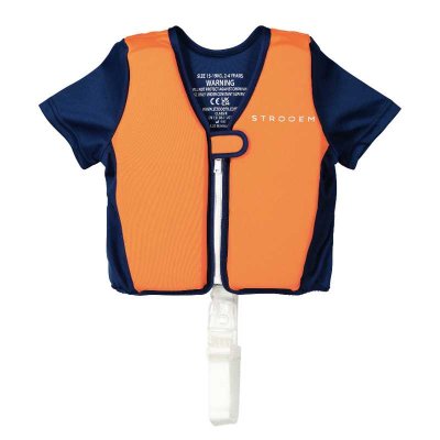 Simväst som syns bra i vattnet och har snöre under grenen. Blå/orange simväst till barn.