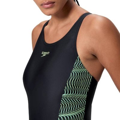Speedo simdräkt med helsvart rygg, fyrvägsstretch och färgstarka detaljer i turkos och lime.