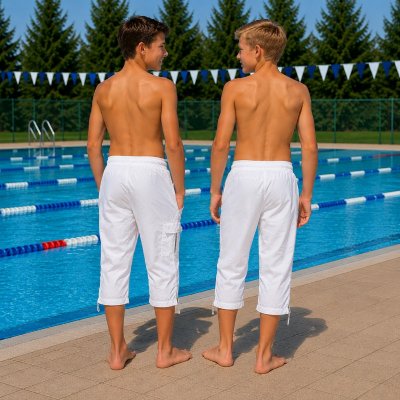 Vita knälånga Speedo träningsbyxor för killar fotograferade bakifrån vid pool. Simbutiken.se