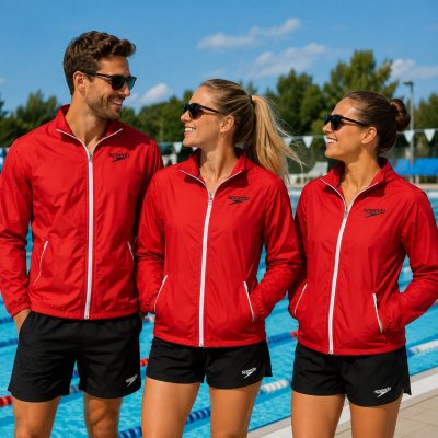 Två damer och en herr bär röda Speedo vindjackor vid simbassäng utomhus