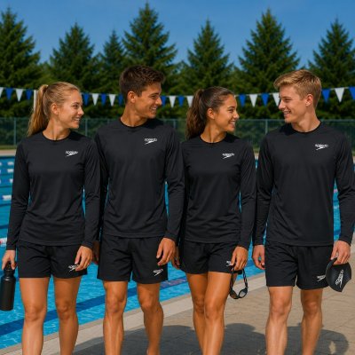 Två damer och två herrar i svarta Speedo långärmade funktionströjor vid en utomhuspool