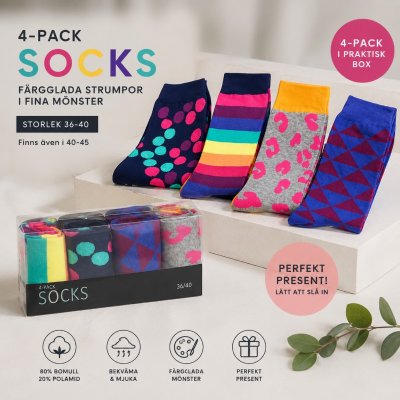 Presentbox med mönstrade strumpor för dam i storlek 36-40 med färgstarka designer