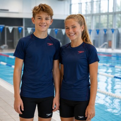 Pojke och flicka i mörkblå Speedo funktions t-shirt för barn vid bassängkanten i simhall.